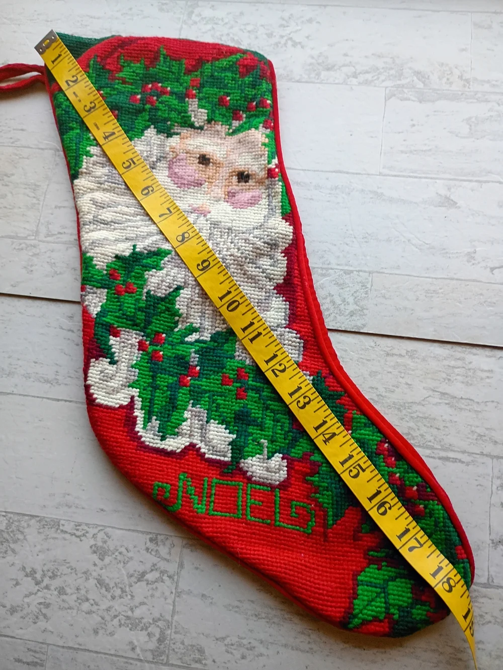 Vintage Needlepoint Handmade Christmas Stocking Santa NOEL 18”
